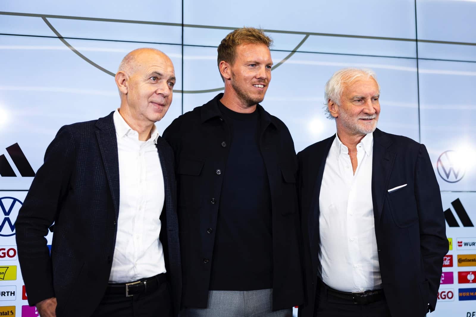 Pressekonferenz mit Bundestrainer Julian Nagelsmann, Bernd Neuendorf (DFB-Praesident), Rudi Voeller (DFB-Direktor Männer-Nationalmannschaft), Foto: Thomas Boecker/DFB