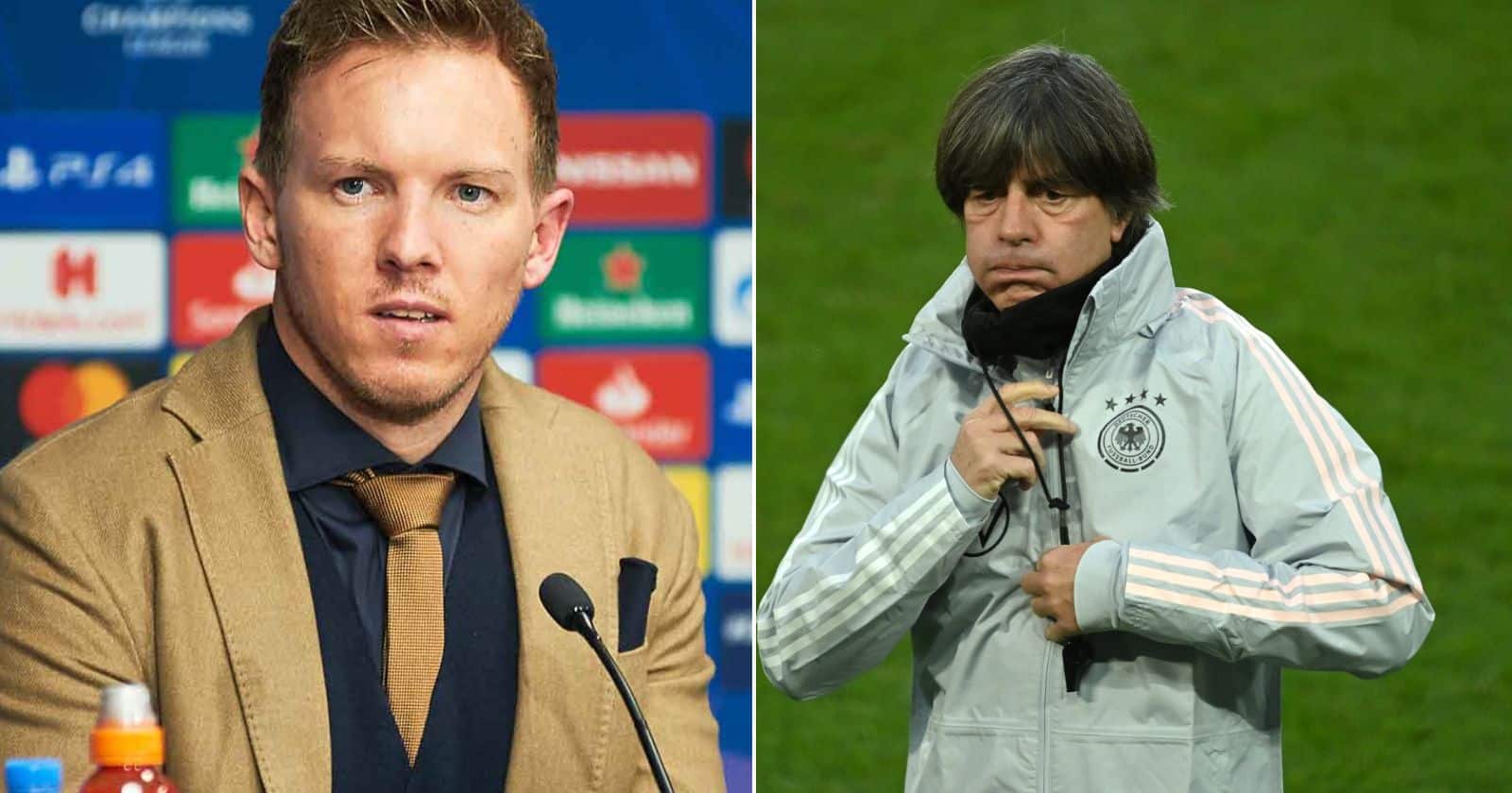 Der aktuelle Bundestrainer und der Weltmeister-Trainer: Nagelsmann und Löw (Foto AFP)