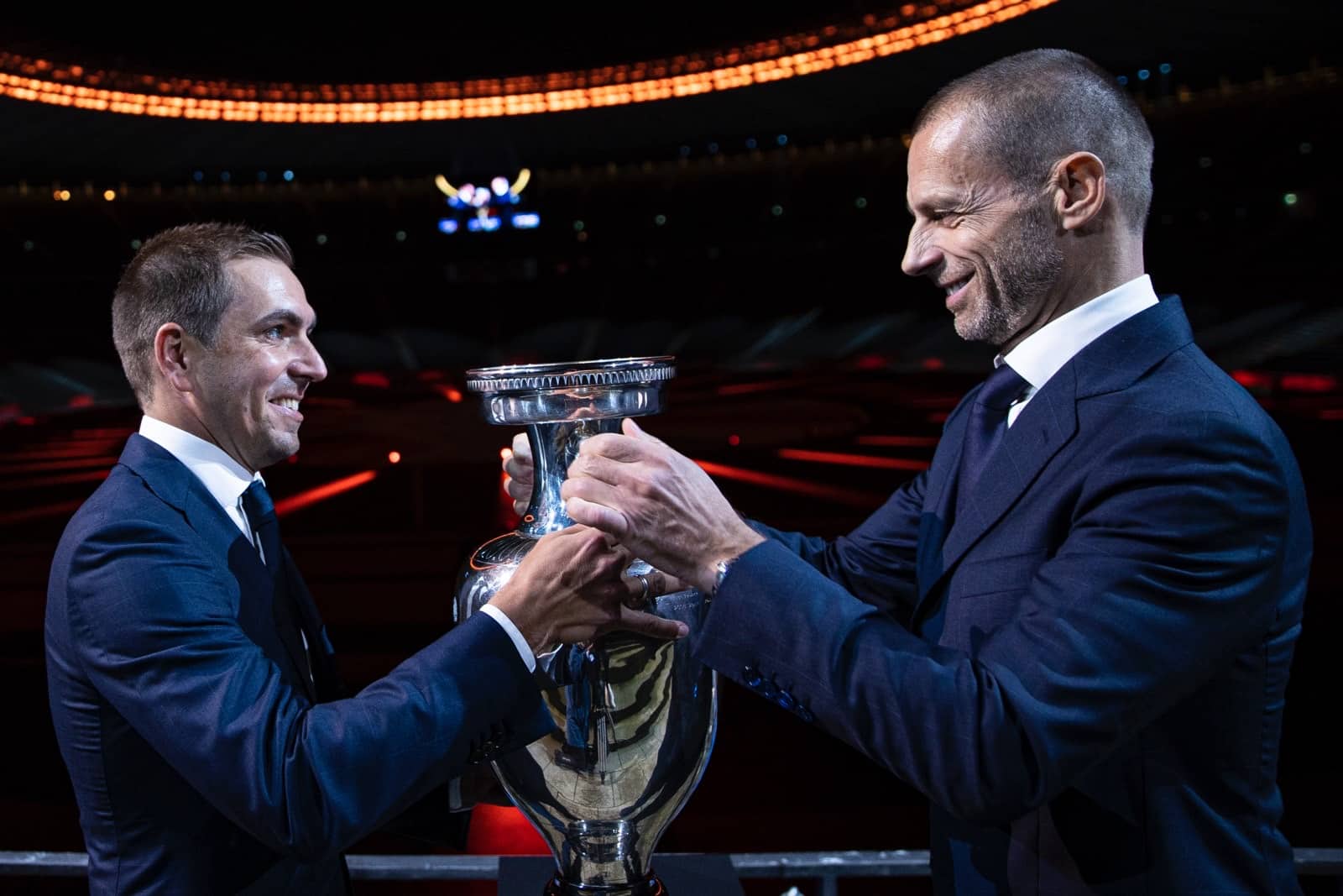 Official UEFA EURO 2024 logo and brand launch, UEFA EURO 2024 kicks-off in Berlin/Germany, the official brand and logo launch in the Olympic Stadium, Philipp Lahm (Tournament Director EURO 2024), Aleksander Ceferin (UEFA President), Berlin, 05.10.2021, Photo: Thomas Boecker/DFB