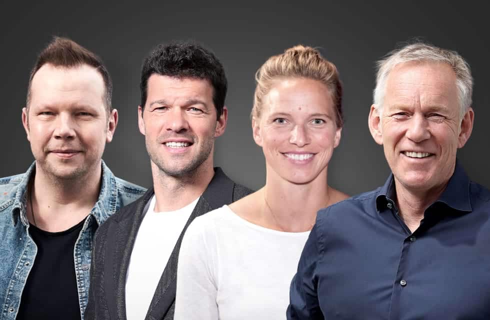 Das Moderatorenteam der Telekom bei der EM 2024:Wolff Fuß, Michael Ballack, Tabea Kemme und Johannes B.Kerner (Copyright Telekom)