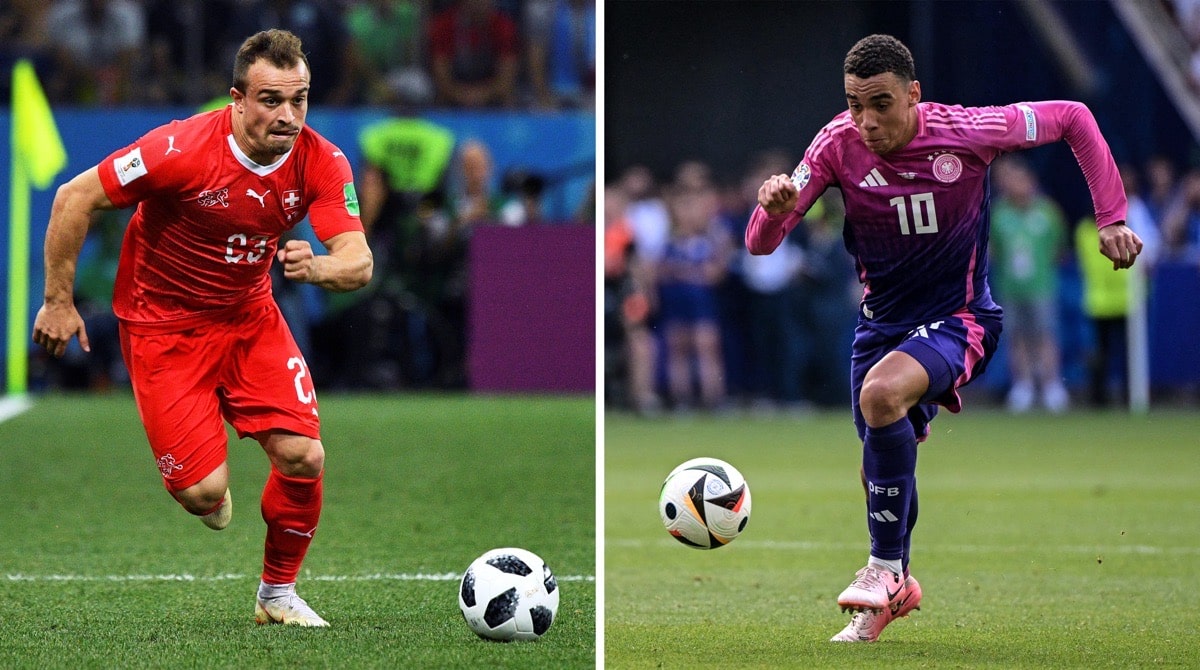 Schweiz gegen Deutschland: Xherdan Shaqiri gegen Jamal Musiala am 23.Juni 2024 in Frankfurt (Photo by Johannes EISELE and Damien MEYER / AFP)